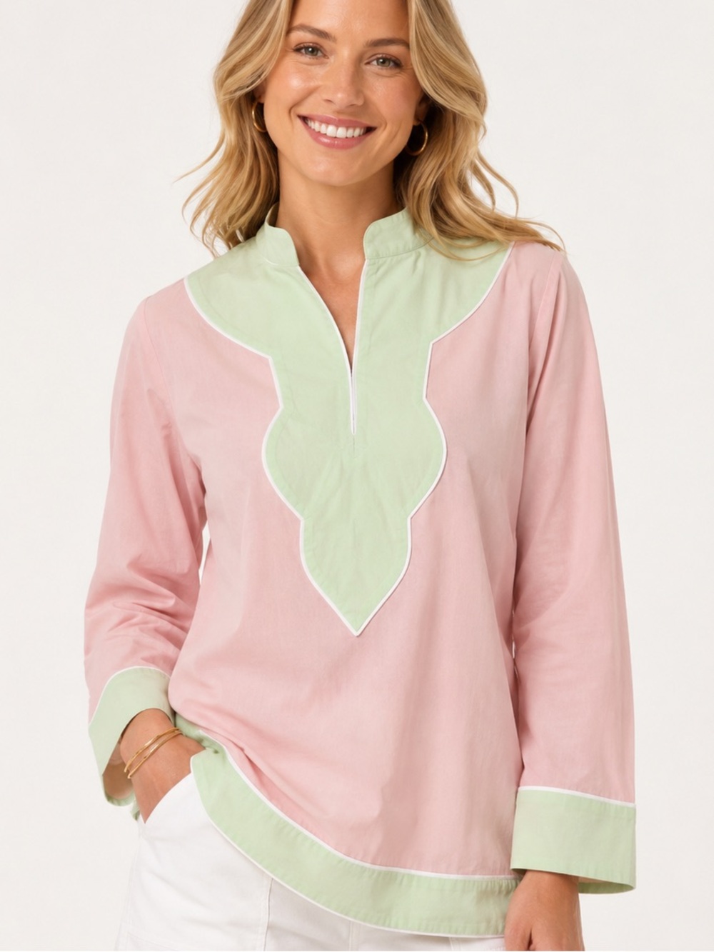 NICOBLU Green Pink Long sleeve Collared Tunic SZ L